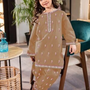 Girls Embroidered Kurta & Trouser Set Beige Cotton 7-12Y
