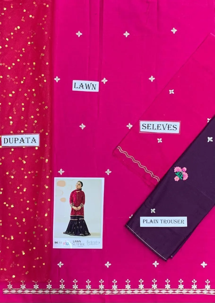 3 Pcs Girl's Lawn Embroidered Unstitched Suit - Image 2