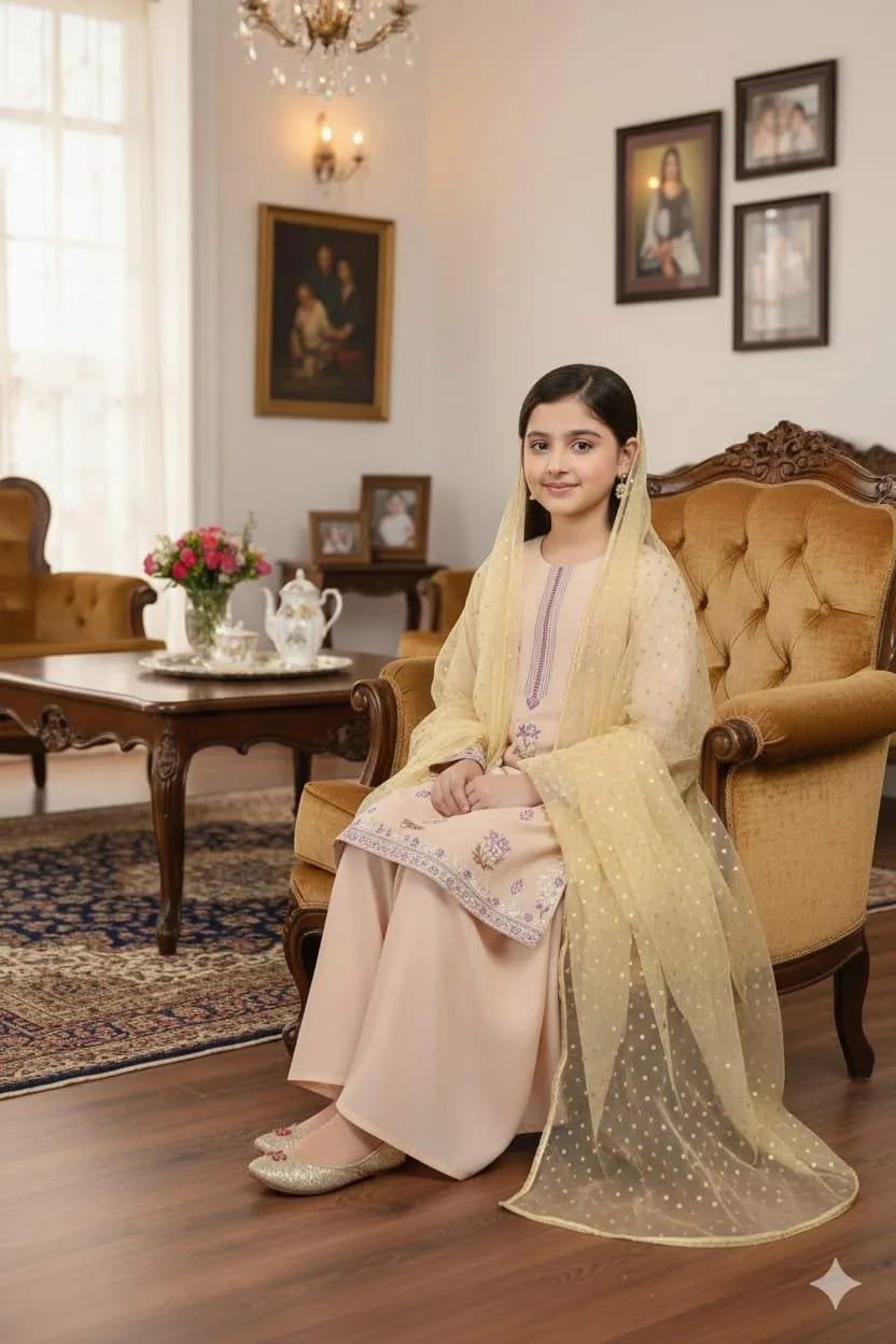 3 Pcs Girl's Lawn Embroidered Unstitched Suit - Image 2